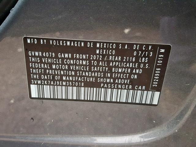 3VW2K7AJ9EM357018 - 2014 VOLKSWAGEN JETTA BASE GRAY photo 10