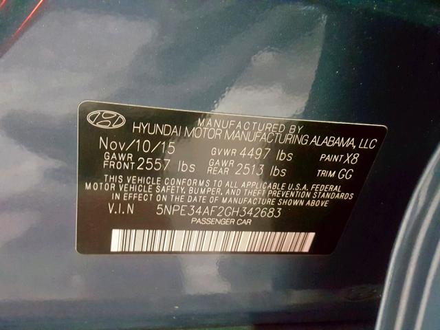 5NPE34AF2GH342683 - 2016 HYUNDAI SONATA SPO BLUE photo 10