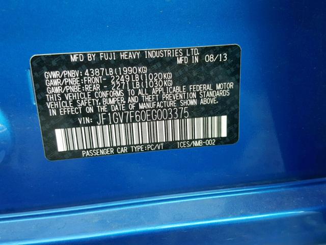 JF1GV7F60EG003375 - 2014 SUBARU IMPREZA WR BLUE photo 10