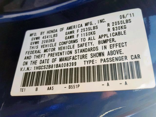 1HGCS2B81BA008399 - 2011 HONDA ACCORD EXL BLUE photo 10