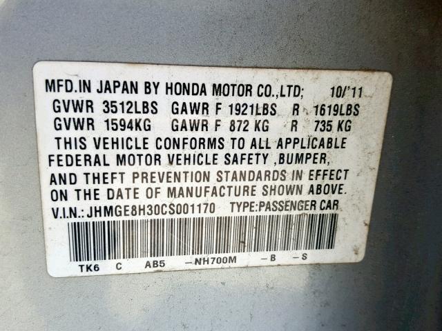 JHMGE8H30CS001170 - 2012 HONDA FIT SILVER photo 10