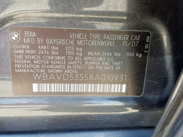 WBAVD53558A010931 - 2008 BMW 335 XI GRAY photo 10