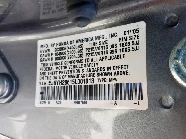 5J6YH28615L001013 - 2005 HONDA ELEMENT EX GRAY photo 10