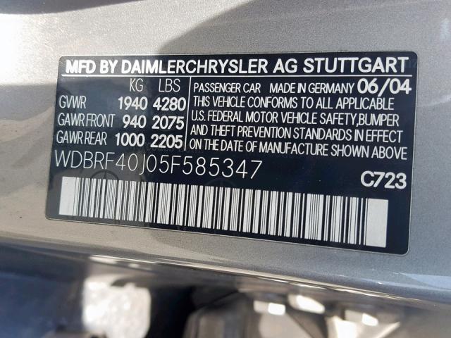 WDBRF40J05F585347 - 2005 MERCEDES-BENZ C 230K SPO SILVER photo 10