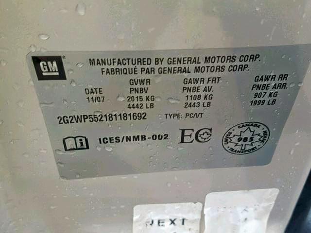 2G2WP552181181692 - 2008 PONTIAC GRAND PRIX GOLD photo 9