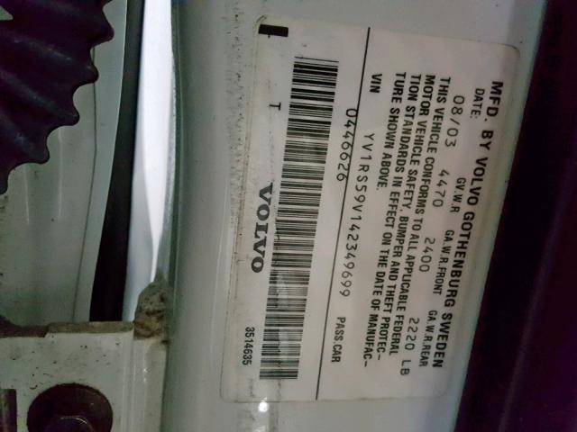 YV1RS59V142349699 - 2004 VOLVO S60 2.5T WHITE photo 10