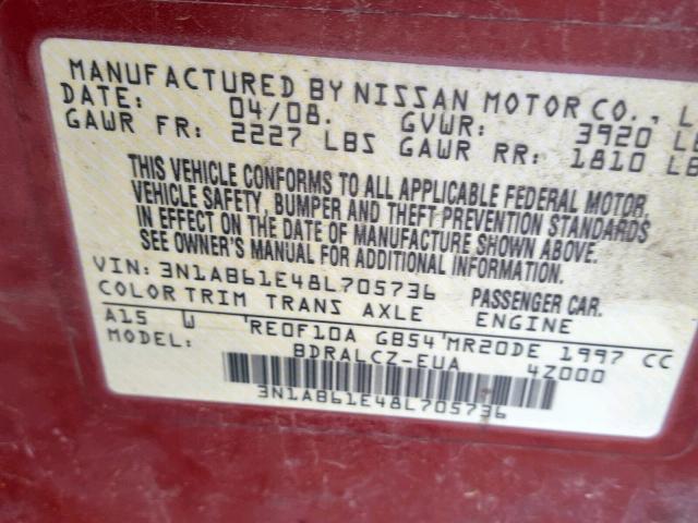 3N1AB61E48L705736 - 2008 NISSAN SENTRA 2.0 MAROON photo 10