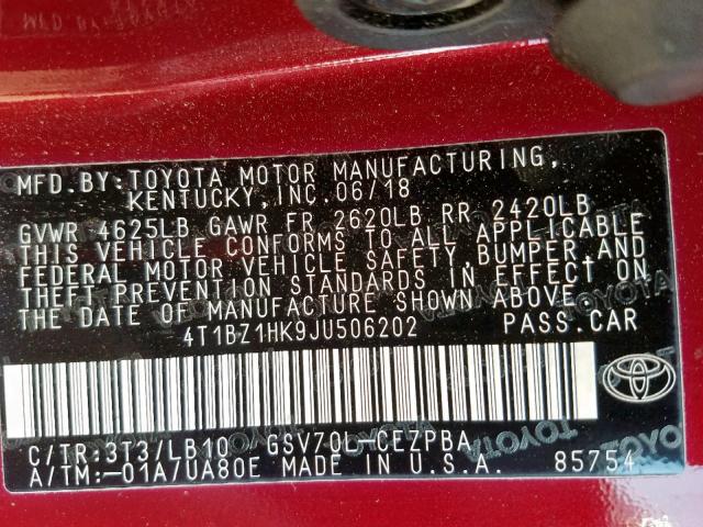 4T1BZ1HK9JU506202 - 2018 TOYOTA CAMRY XSE RED photo 10