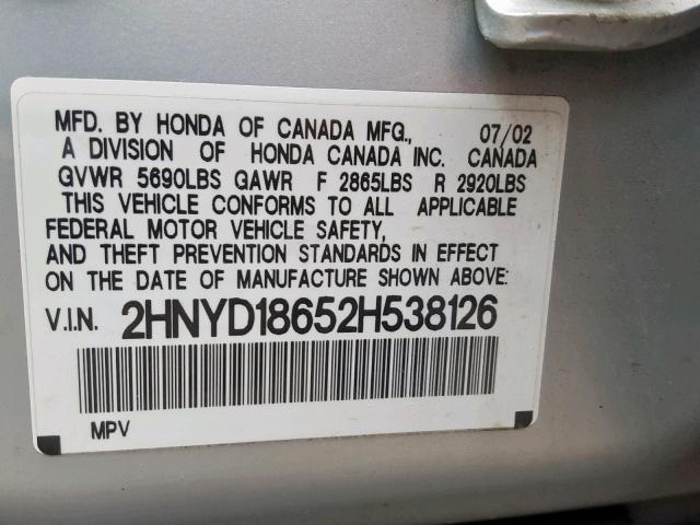 2HNYD18652H538126 - 2002 ACURA MDX TOURIN SILVER photo 10