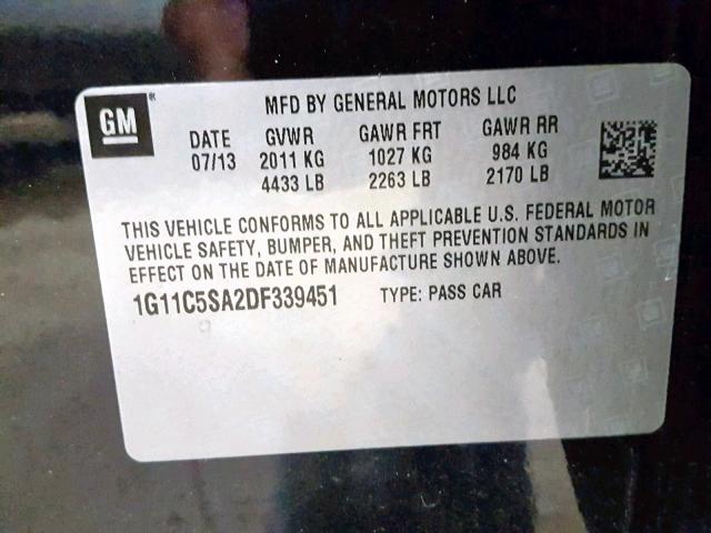 1G11C5SA2DF339451 - 2013 CHEVROLET MALIBU 1LT BLACK photo 10