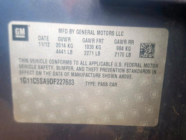 1G11C5SA9DF227603 - 2013 CHEVROLET MALIBU 1LT ლურჯი ფოტო 10