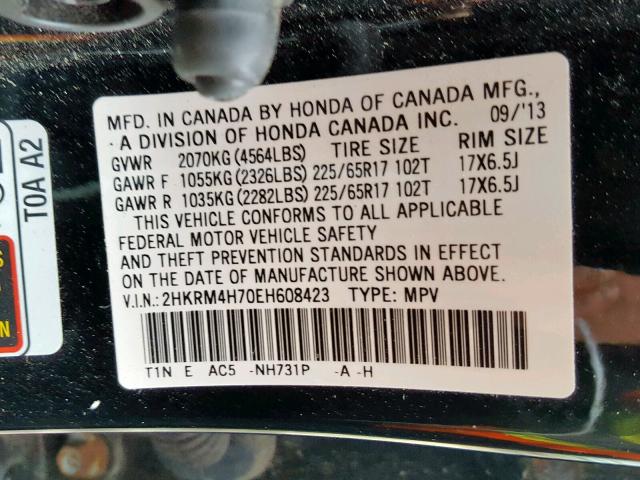 2HKRM4H70EH608423 - 2014 HONDA CR-V EXL BLACK photo 10