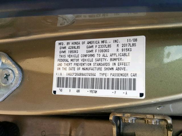 1HGCP26489A074564 - 2009 HONDA ACCORD LXP GOLD photo 10