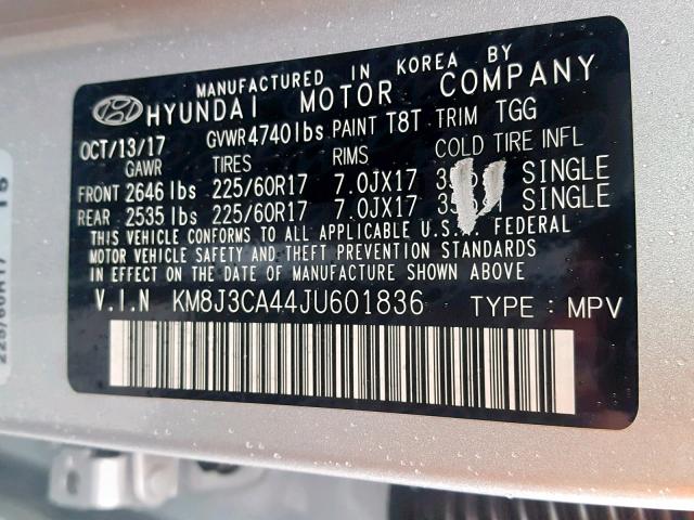 KM8J3CA44JU601836 - 2018 HYUNDAI TUCSON SEL SILVER photo 10