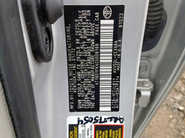 4T1BD1FK4CU008168 - 2012 TOYOTA CAMRY HYBR SILVER photo 10