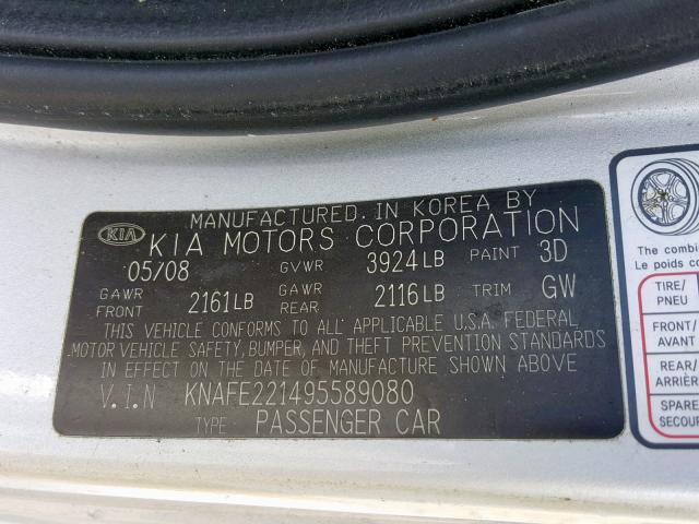 KNAFE221495589080 - 2009 KIA SPECTRA EX SILVER photo 10