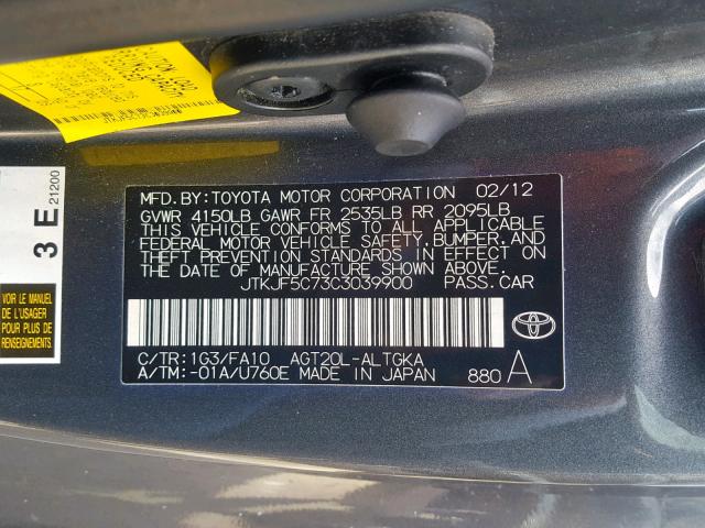 JTKJF5C73C3039900 - 2012 TOYOTA SCION TC ნაცრისფერი ფოტო 10