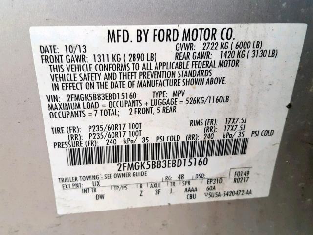 2FMGK5B83EBD15160 - 2014 FORD FLEX SE SILVER photo 10