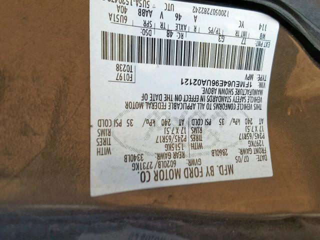 1FMEU64E96UA02121 - 2006 FORD EXPLORER E GRAY photo 10