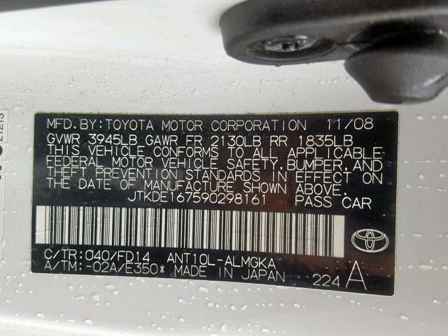 JTKDE167590298161 - 2009 TOYOTA SCION TC WHITE photo 10