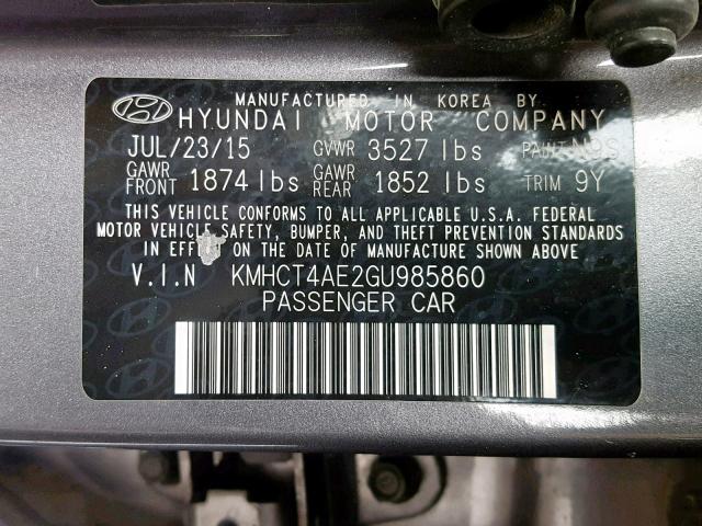 KMHCT4AE2GU985860 - 2016 HYUNDAI ACCENT SE GRAY photo 10