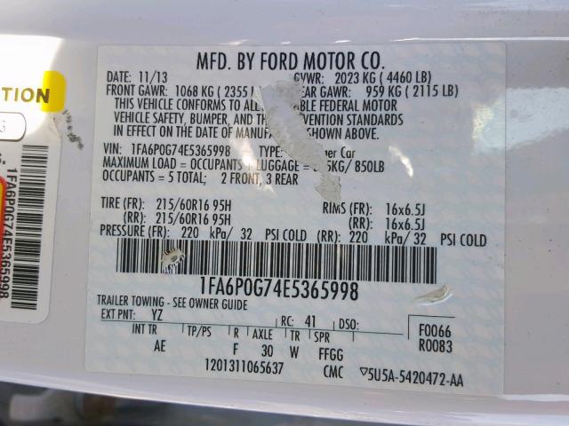 1FA6P0G74E5365998 - 2014 FORD FUSION S WHITE photo 10