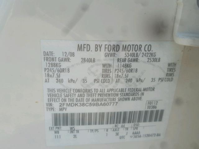 2FMDK38C59BA60777 - 2009 FORD EDGE SEL WHITE photo 10