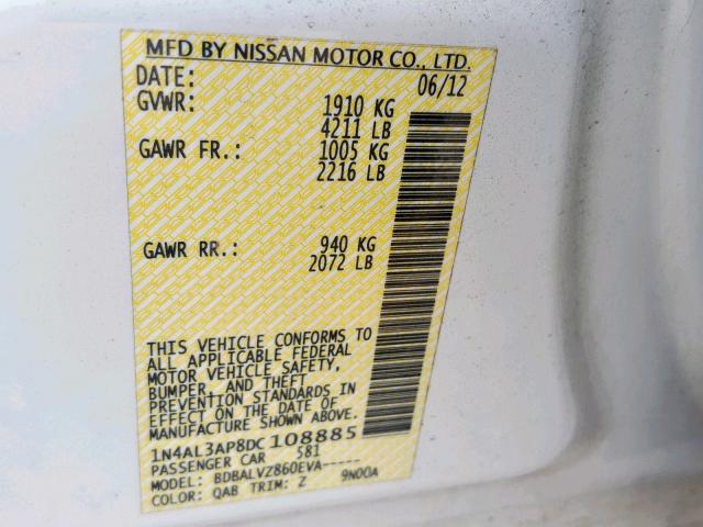 1N4AL3AP8DC108885 - 2013 NISSAN ALTIMA 2.5 WHITE photo 10