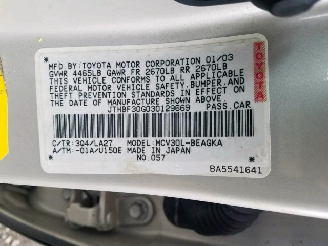 JTHBF30G030129669 - 2003 LEXUS ES 300 SILVER photo 10