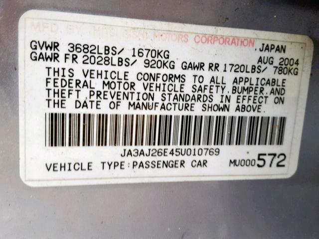 JA3AJ26E45U010769 - 2005 MITSUBISHI LANCER ES SILVER photo 10