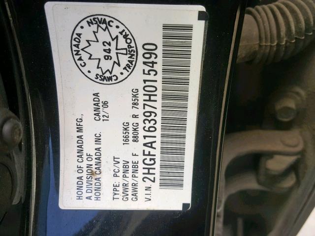 2HGFA16397H015490 - 2007 HONDA CIVIC DX BLACK photo 10