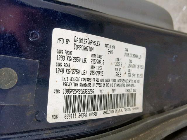 1D8GP25R85B322296 - 2005 DODGE CARAVAN SE BLUE photo 10