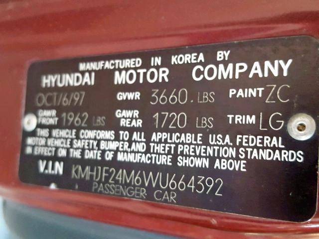 KMHJF24M6WU664392 - 1998 HYUNDAI ELANTRA BURGUNDY photo 10