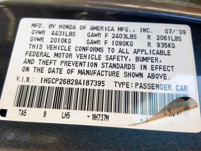 1HGCP26829A187395 - 2009 HONDA ACCORD EXL GRAY photo 10