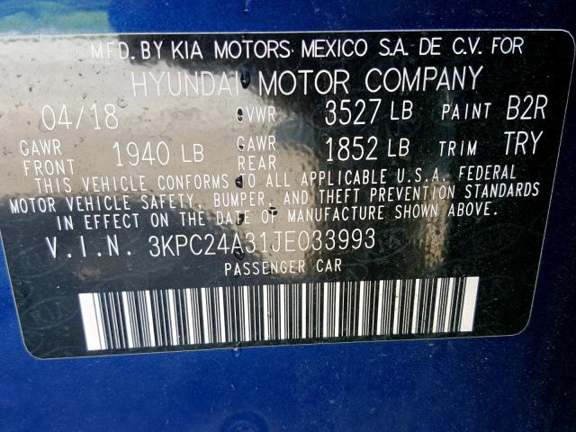 3KPC24A31JE033993 - 2018 HYUNDAI ACCENT SE BLUE photo 10