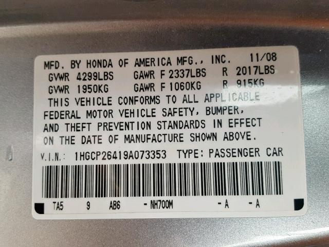 1HGCP26419A073353 - 2009 HONDA ACCORD LXP SILVER photo 10