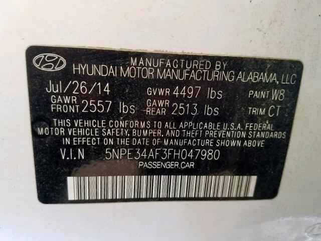 5NPE34AF3FH047980 - 2015 HYUNDAI SONATA SPO WHITE photo 10