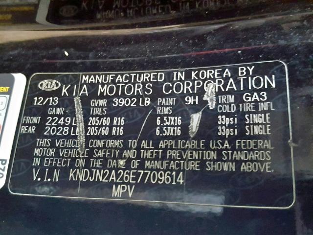 KNDJN2A26E7709614 - 2014 KIA SOUL BLACK photo 10