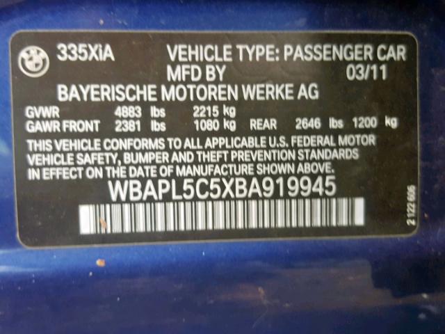 WBAPL5C5XBA919945 - 2011 BMW 335 XI BLUE photo 10