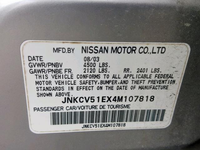 JNKCV51EX4M107818 - 2004 INFINITI G35 GRAY photo 10