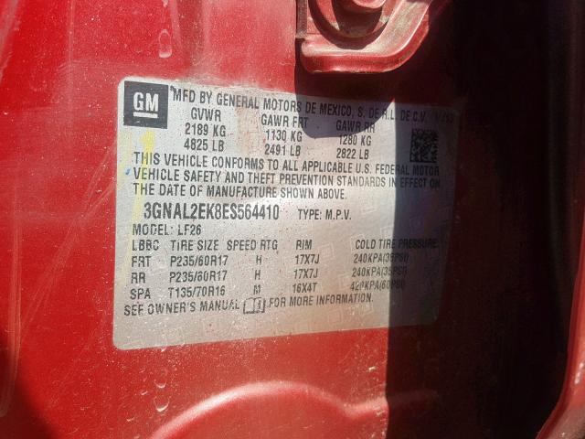 3GNAL2EK8ES564410 - 2014 CHEVROLET CAPTIVA LS 栗色 照片 10