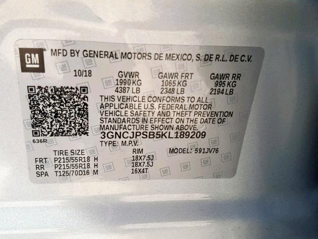 3GNCJPSB5KL189209 - 2019 CHEVROLET TRAX 1LT SILVER photo 10