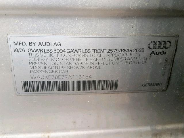 WAUKF78E77A113154 - 2007 AUDI A4 2.0T AV SILVER photo 10