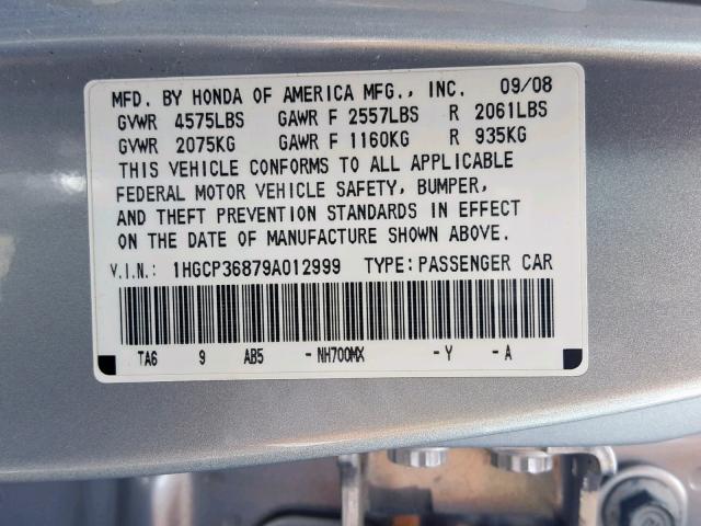 1HGCP36879A012999 - 2009 HONDA ACCORD EXL SILVER photo 10