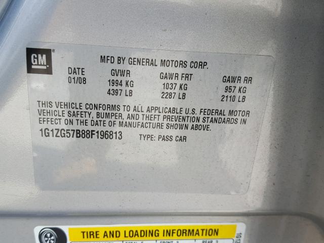 1G1ZG57B88F196813 - 2008 CHEVROLET MALIBU LS ვერცხლისფერი ფოტო 10