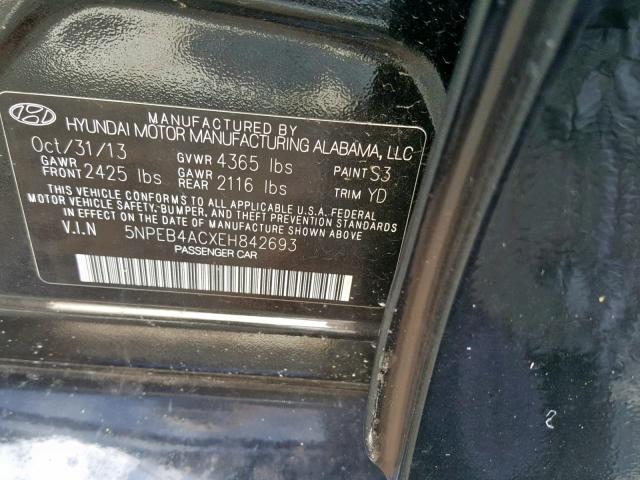 5NPEB4ACXEH842693 - 2014 HYUNDAI SONATA GLS BLACK photo 10