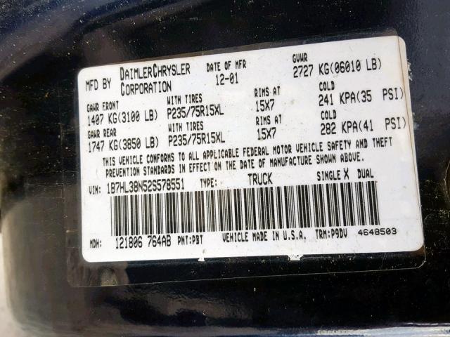 1B7HL38N52S578551 - 2002 DODGE DAKOTA QUA BLUE photo 10