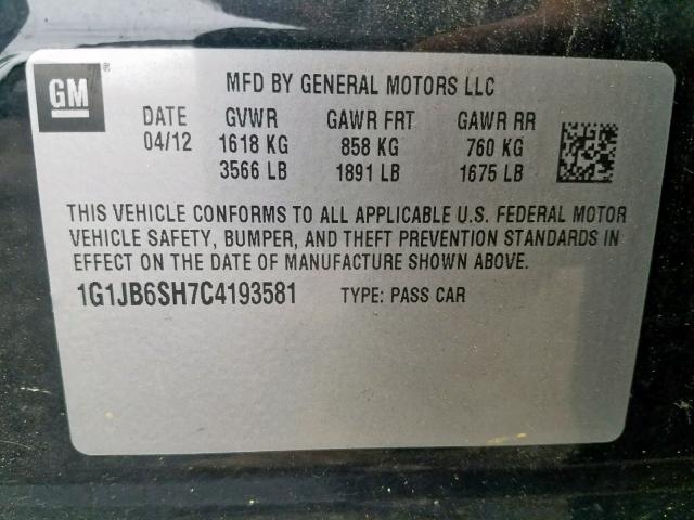 1G1JB6SH7C4193581 - 2012 CHEVROLET SONIC LS BLACK photo 10