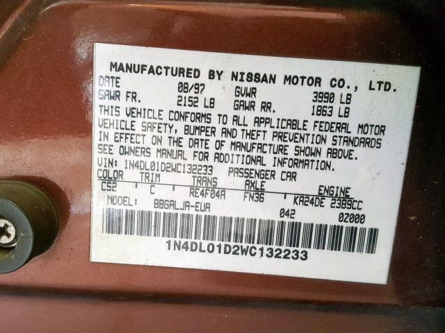 1N4DL01D2WC132233 - 1998 NISSAN ALTIMA XE BROWN photo 10