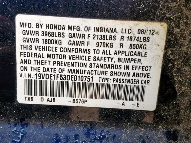 19VDE1F53DE010751 - 2013 ACURA ILX 20 PRE BLUE photo 10